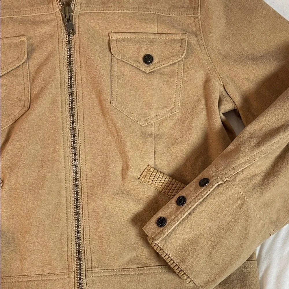GAP Tan Structured Flannel Zip Up with Ribbed Collar and Cuffs